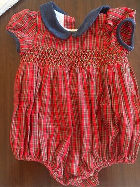 Toddler Red Plaid Smocked Bubble Romper with Navy Trim